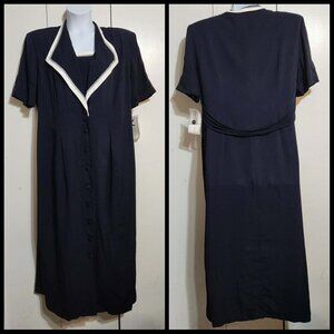 VTG 90s 22W SL Fashions Navy White Secretary Dark Academia Rockabilly Dress NWT